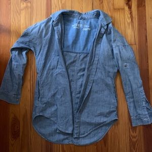 Blue and small white striped button up